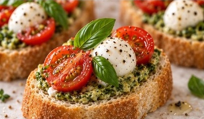 Bruschetta de Bocconcini, cherry y crema de albahaca