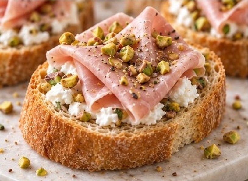 Bruschetta de Mortadela, queso de cabra y pistachos