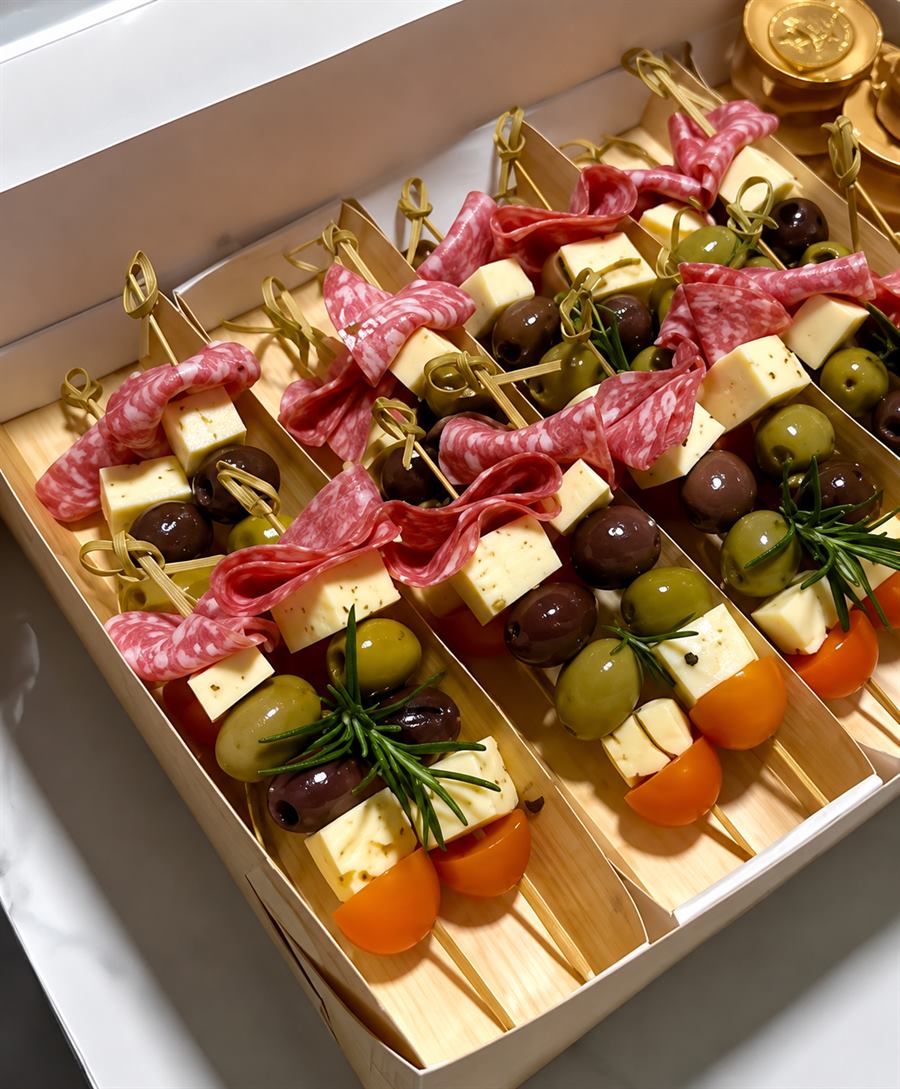 Pinchos gourmet de bondiola, queso, aceitunas y romero