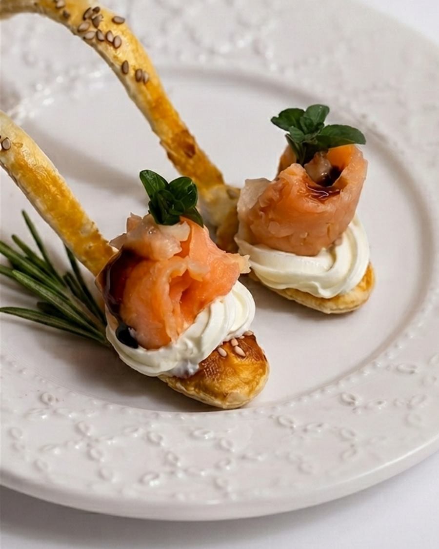 Bocado nórdico de masa crocante con crema de limón y salmón ahumado