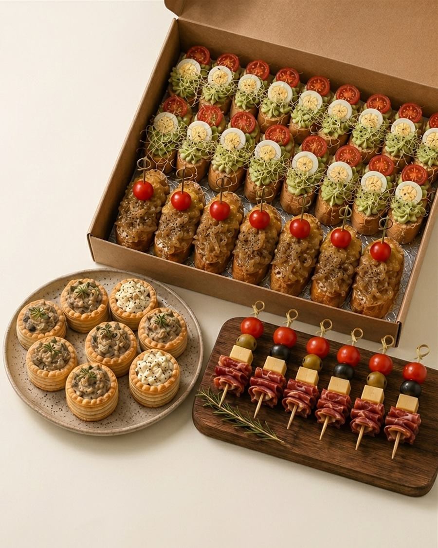 Caja de bruschettas, plato de volovanes y tabla de pinchos