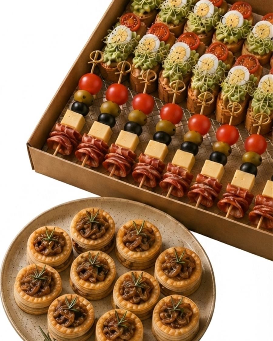 Caja de bruschettas con pinchos y plato de milhojas de bondiola