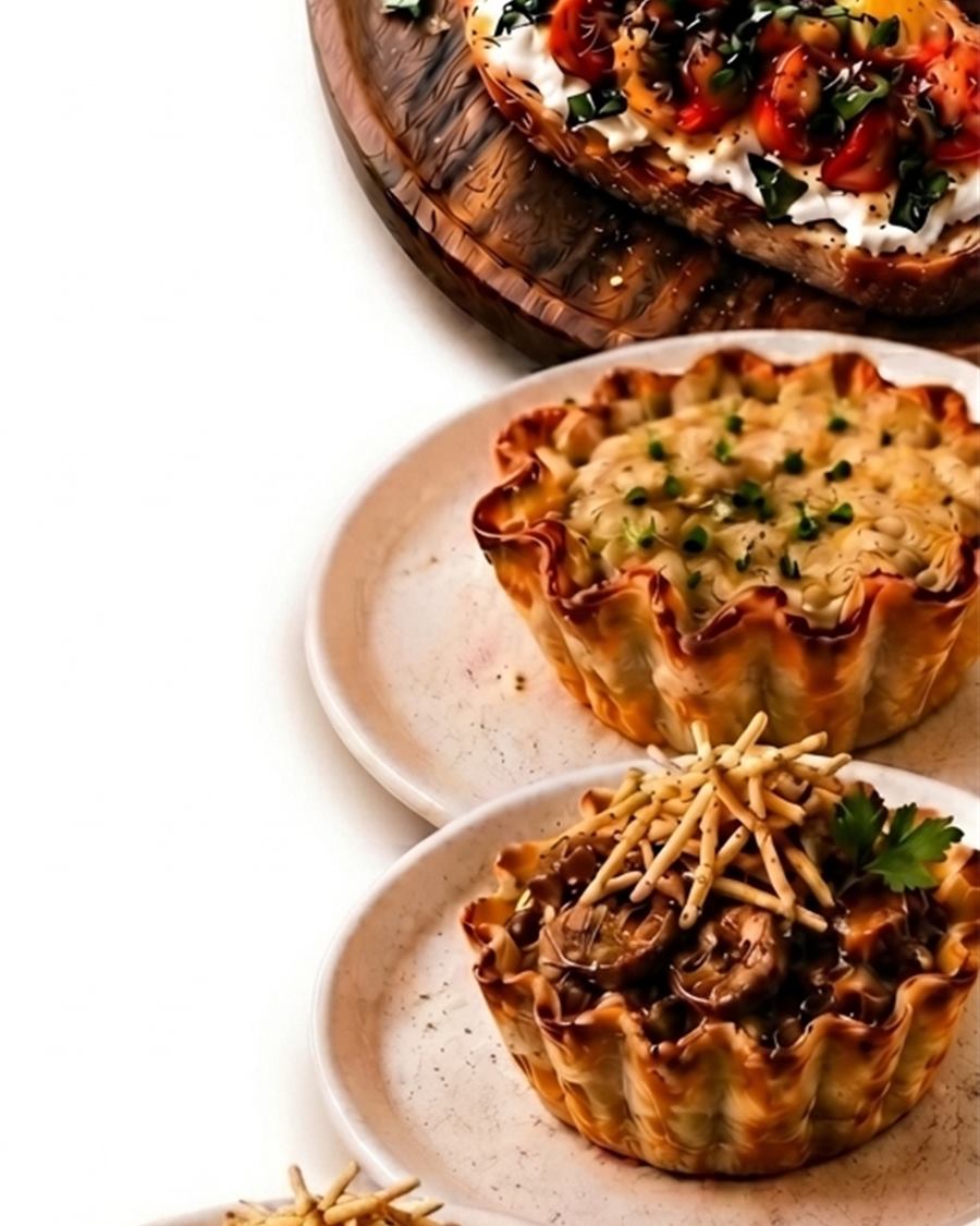 Bruschettas frescas, canastitas y tulipas de strogonoff