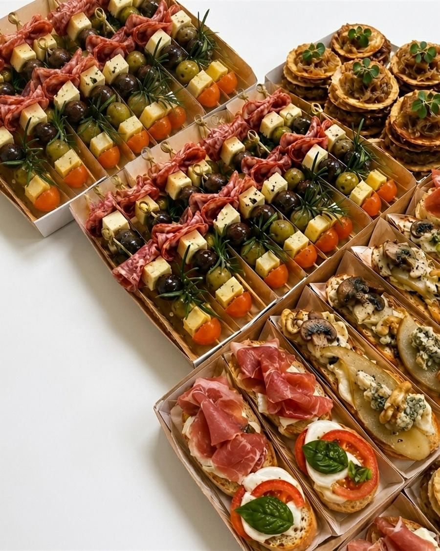 Pinchos surtidos y bruschettas de jamón crudo, capresse y pera